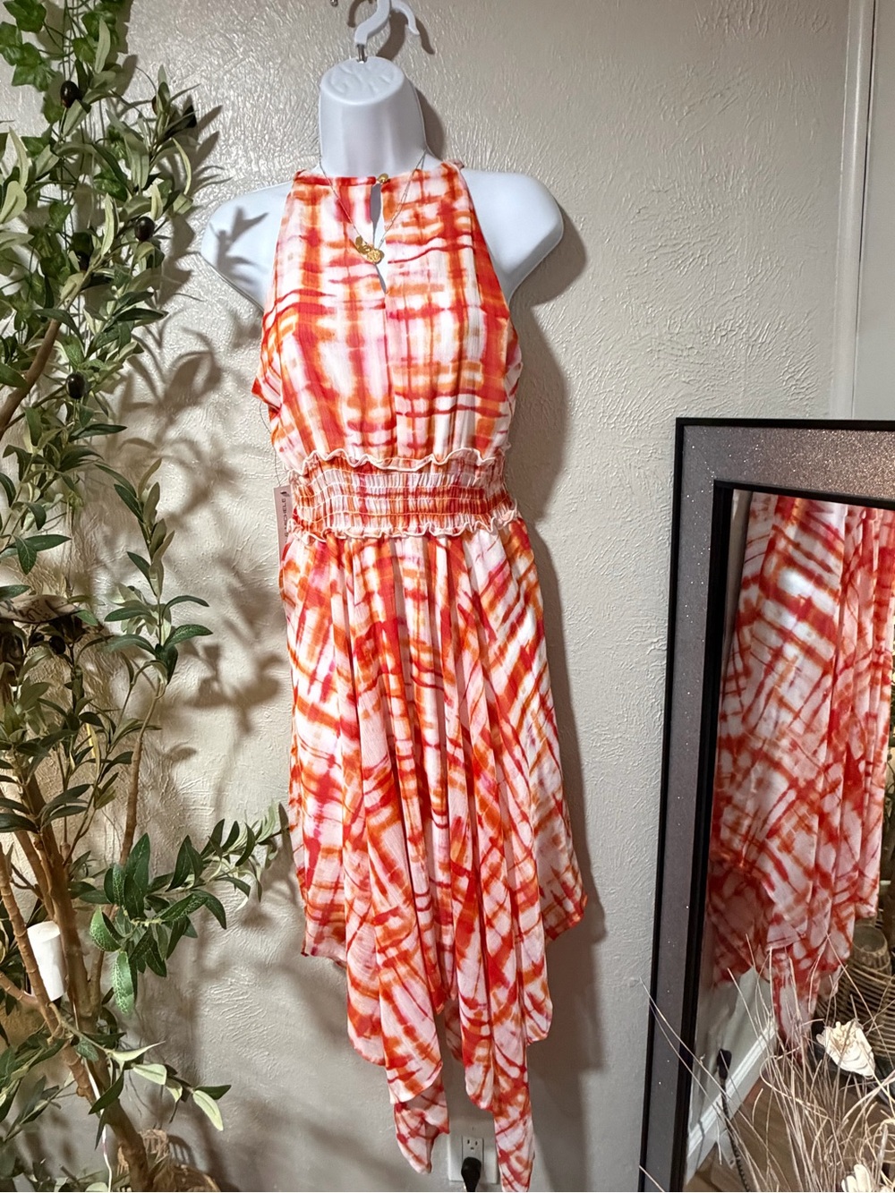 Emma & Michele Orange White Tie-Dye Asymmetrical Halter Dress